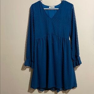 Blue V-Neck Long Sleeve Dress. Sheer sleeves. Size small but fits bigger.